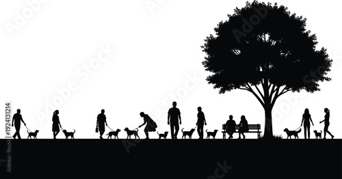 Black silhouette park scene with people walking dogs, sitting on bench, standing figures, large tree, outdoor community activity, and pet interaction