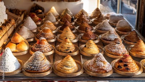 display shelf of sweet typical pastry at alberobello italy