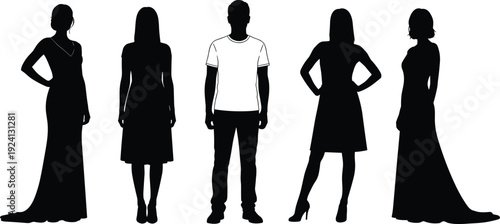 Black vector silhouette set of diverse people including women in elegant evening gowns summer dresses and a man in a casual white tshirt
