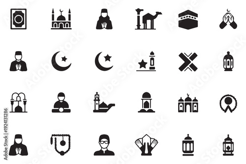 Islamic icon set for ramadan kareem celebration containing mosque quran lantern and crescent moon symbols