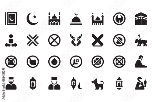 Islamic symbols set mosque crescent star qibla prayer fasting holy book lamb camel