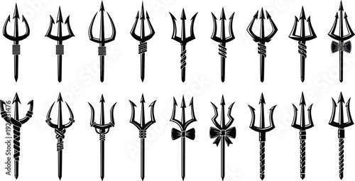 Black vector silhouette set of eighteen diverse trident and pitchfork icons with unique handle designs for nautical mythology devil halloween and oceanic branding