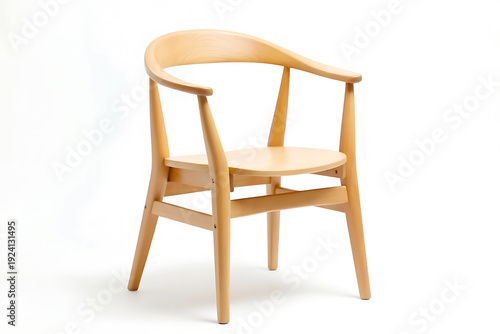 Mid-century modern armchair crafted from natural light wood with a curved back and comfortable seat, isolated on white.