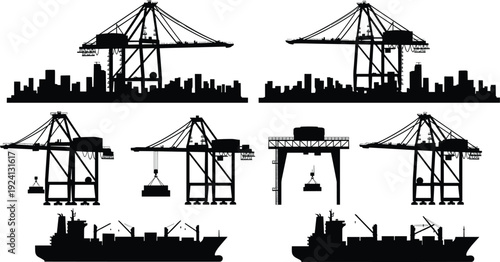 Black vector silhouette set of industrial harbor cranes cargo container ships and city skylines for global shipping trade logistics and maritime port branding