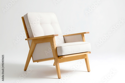 Comfortable mid-century modern armchair with natural wood frame and plush beige linen cushions, tufted back, on white.