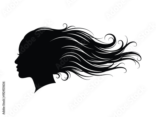 Silhouette of a woman's profile with long, flowing, curly hair blowing in the wind, suggesting beauty and freedom.