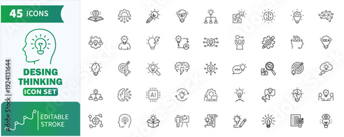 Design Thinking web Line Icons Set .creative process, ideation, innovation,diagram,solution, inspiration, prototype, mindset, graphic Collection. Editable Stroke. Vector Illustration.