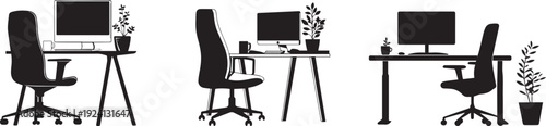 Office workspace icon set. Includes desk, chair, computer, monitor, plant. Created in simple black line style with minimal details vector silhouette