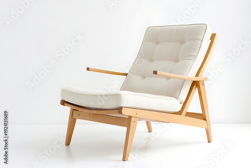 Elegant mid-century lounge chair in natural wood and light beige fabric, featuring a slanted back with button tufting, isolated.