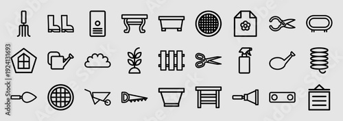 Gardening and landscaping equipment monoline icons for outdoor maintenance and horticulture projects. Professional chunky-geometric pictograms featuring tools, planting, and yard care concepts.