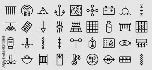 Marine engineering and offshore sensor monoline icons featuring underwater telemetry, oceanographic data collection, and maritime surveillance equipment.