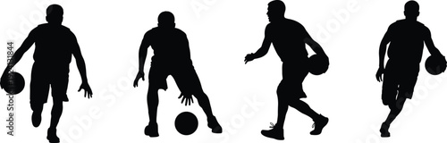 Black silhouettes of basketball players dribbling and walking with ball, dynamic sports artwork capturing athletic motion and minimalistic design