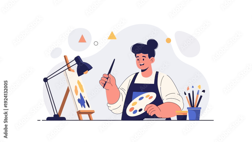 Fototapeta premium Artist Painting on Canvas with Palette and Brushes, Creative Hobby