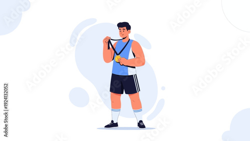 Athlete Winner with Gold Medal - Sports Victory Celebration Flat Illustration