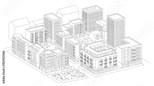 Detailed isometric line drawing of a modern urban city block architectural development concept layout