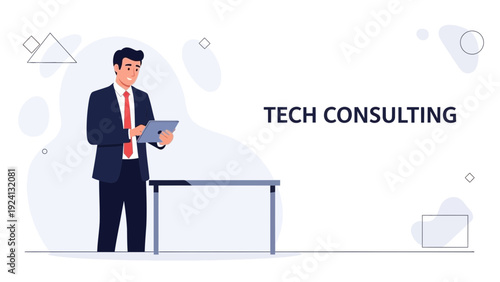Business Consultant with Tablet, Tech Consulting Concept, Modern Flat Illustration