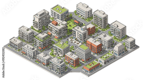Isometric view of a modern city block with residential buildings and green spaces
