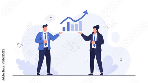 Business Growth Concept: Two businesspeople holding a rising bar chart with arrow.
