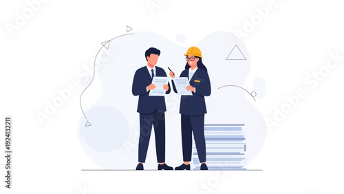 Business Meeting: Two Professionals Discussing Documents with Safety Helmet