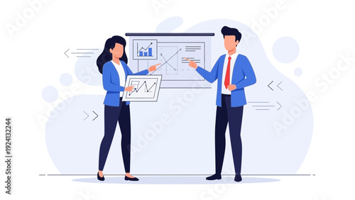 Business meeting: two professionals presenting data analysis on whiteboard and chart