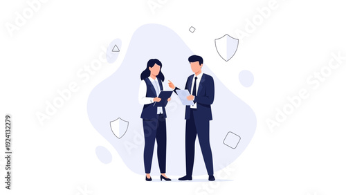 Business partners discussing documents and security shields icon