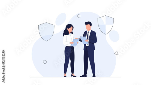 Business partners discussing security and protection with shields