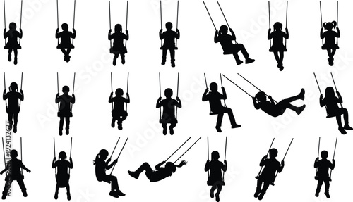 Collection of Children Playing on Swings Silhouettes in Different Poses Vector Illustration Set Isolated on White Background for Design Projects