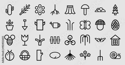 Garden and nature linear pictograms for landscaping and ecological branding. Minimalist monoline icons featuring botanical elements, insects, and outdoor tools.