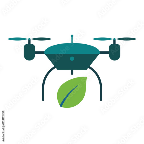 Smart Farming Agriculture Drone Icon.Modern agricultural drone icon with green leaf, flat design illustration of smart farming technology, agrotech, and eco-friendly automation isolated on white bg