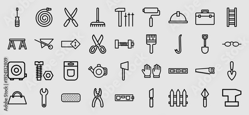 Construction and home renovation toolkit in a modern monoline aesthetic. Professional maintenance and gardening icons for hardware retail and DIY service interfaces.