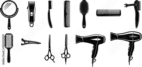 Hair Salon Tools Silhouettes Collection Including Comb Scissors Mirror Razor Brush and Hair Dryer Vector Illustration Set Isolated on White Background
