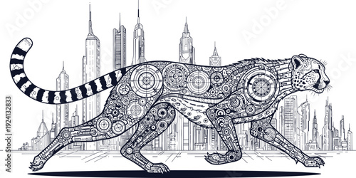 Futuristic robotic leopard with mechanical gears and city skyline background detailed line art vector illustration design
