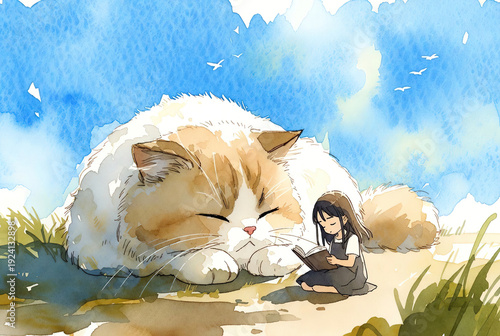 Girl and her cat are sitting in a field of flowers