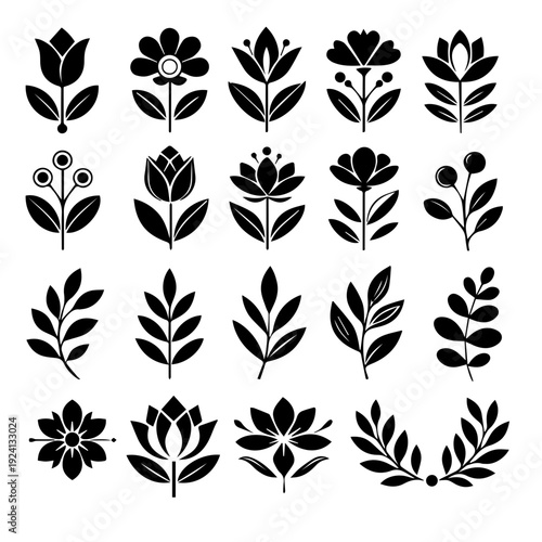 Collection of various black silhouettes of flowers and plants in different styles and arrangements