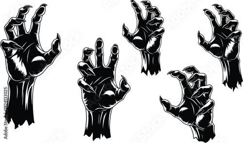 Set of terrifying black clawed monster hands reaching in horror style vector illustration isolated on white background for Halloween design elements