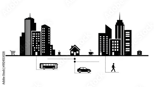 Integrated city infrastructure for daily commute and urban living, showcasing diverse transport methods