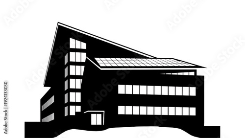 Sleek Modern Office Building with Sloped Roof and Sustainable Solar Panel Installation