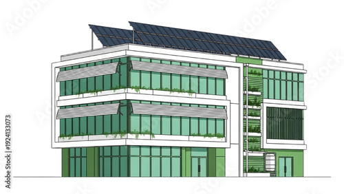 Modern green architecture concept with solar panels, demonstrating sustainable urban design