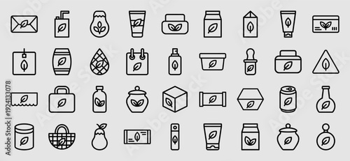 Sustainable packaging and eco-friendly product icons featuring organic branding elements. Professional monoline pictograms for green commerce and natural retail aesthetics.