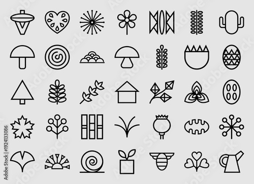 Botanical line art icons for garden branding and landscape design. Abstract monoline nature symbols featuring leaves, seeds, mushrooms, and floral elements.