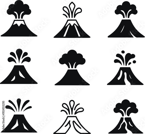 Volcano Emblem Icon set. Volcanic eruption icon set. erupting volcano icon set. harmonious logo variations of the same emblematic, Vector illustration !