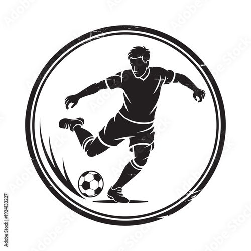A black and white graphic of a soccer player dribbling a ball within a circular frame