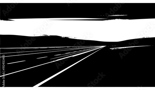 Dramatic Sunset Time Lapse Highway with Green Grass Silhouette Vector Landscape