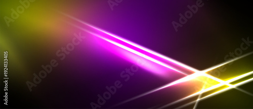 Abstract vibrant light streaks dominate dark background. Purple, yellow hues blend creating dynamic visual effect. Energy radiates from central point.