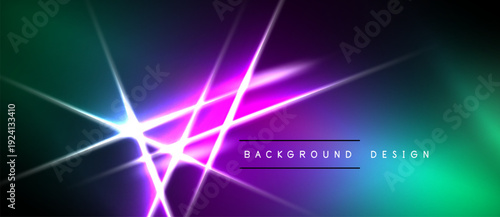 Vibrant neon lines intersect dark background. Gradient teal, purple hues create futuristic visual effect. Minimalist text present.