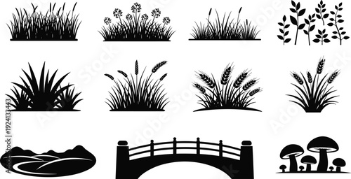 Collection of grass plants wheat mushrooms landscape hills and garden bridge silhouettes isolated black vector illustration set