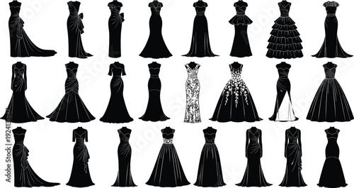 Collection of Elegant Evening Gown Silhouettes Featuring Mermaid Ball Gown and Formal Dress Designs Vector Illustration Set Isolated on White Background