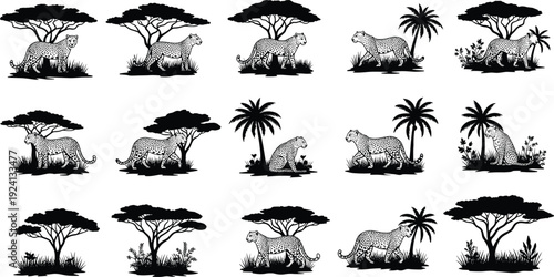 Collection of leopard silhouettes in African savanna landscape with acacia trees and palm trees isolated black vector illustration set