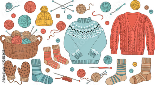 Knitting and Winter Clothing Illustration Set with Sweaters Socks Yarn Basket Needles and Handmade Accessories for Cozy Craft and Hobby Design