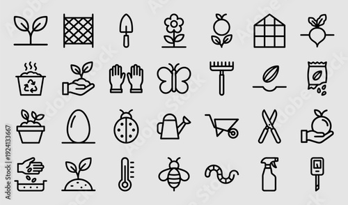 Sustainable urban gardening and organic farming elements. Technical monoline pictograms for agricultural technology, plant cultivation, and eco-friendly horticulture branding.